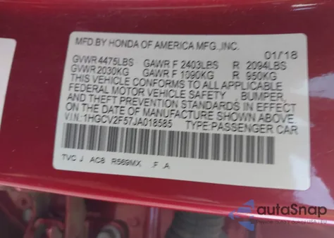 2018 Honda Accord Ex-L 2.0T z USA, uszkodzony, nr VIN 1HGCV2F57JA018585